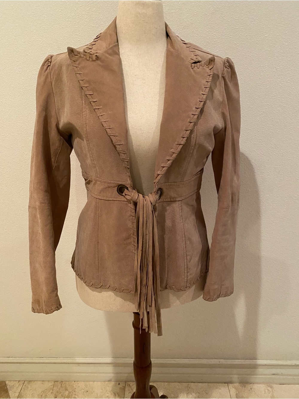 Women's Suede Tie-Waist Jacket - Taupe with fringe. 100% leather